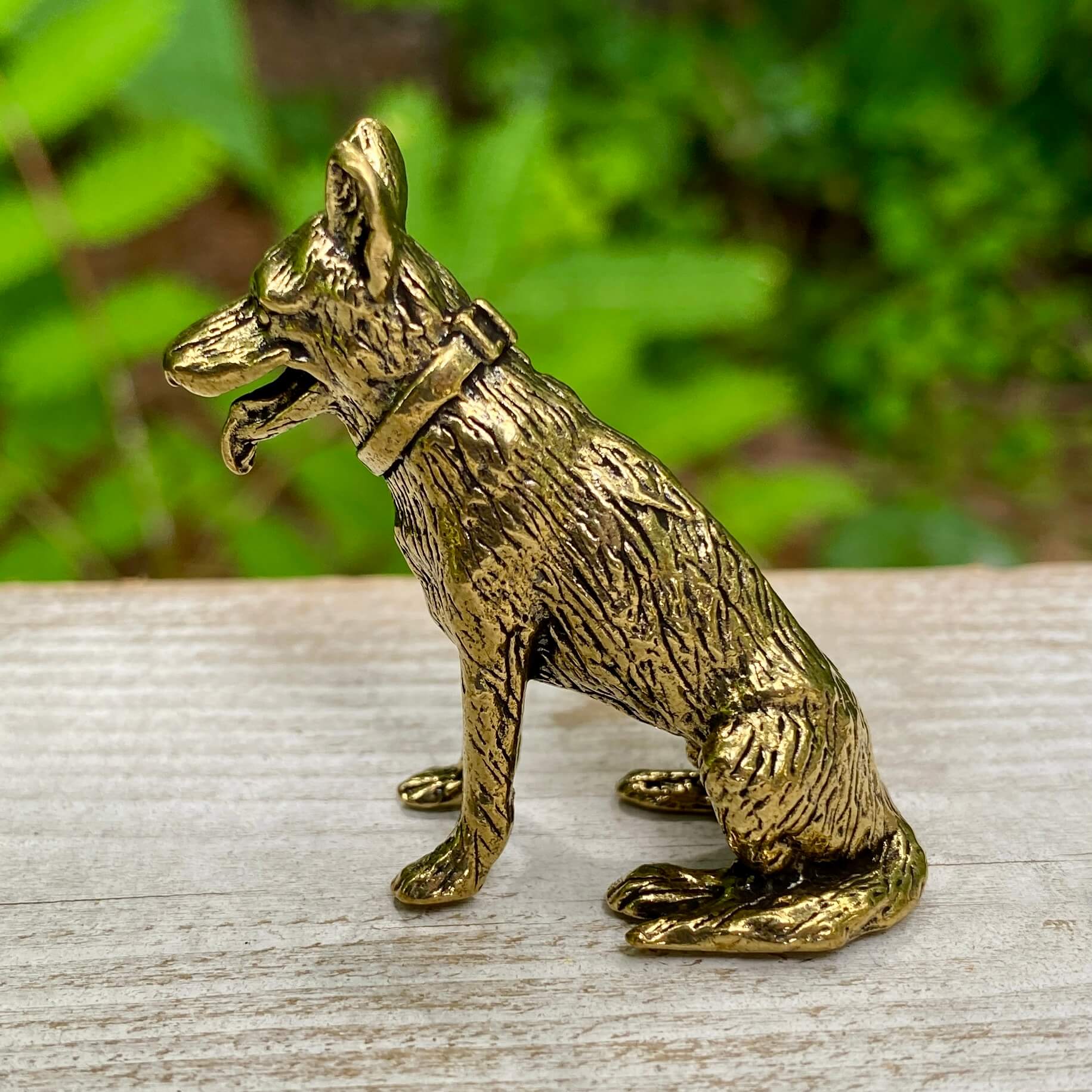 Solid brass German Shepherd sculpture by Wild Brass, symbolizing loyalty, courage, and protection with detailed craftsmanship.