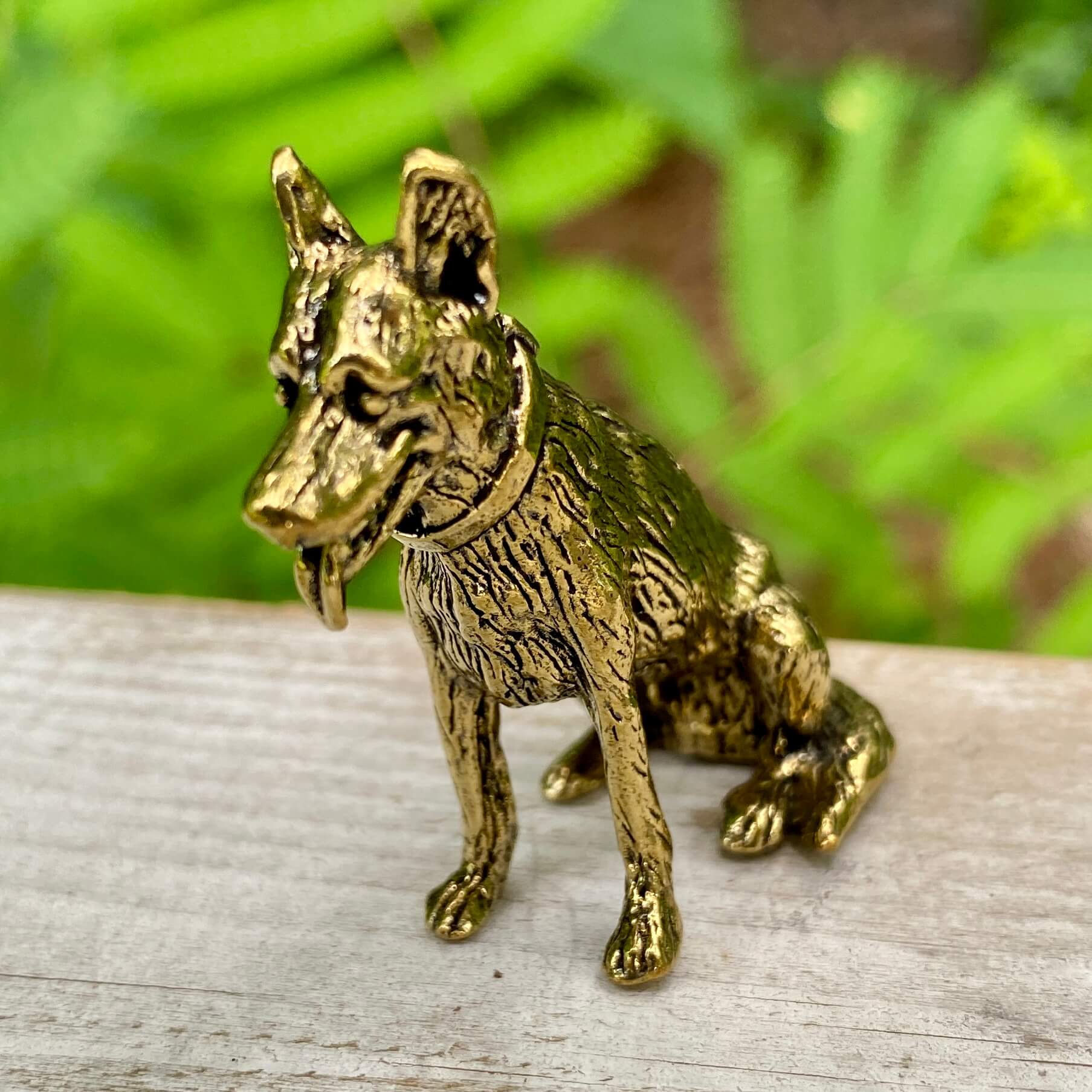 Solid brass German Shepherd sculpture by Wild Brass, symbolizing loyalty, courage, and protection with detailed craftsmanship.